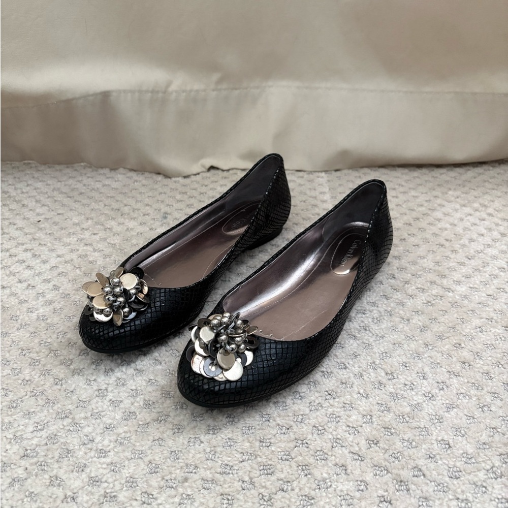 Calvin Klein Black Flats with Silver Floral Detail